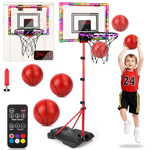 Cesta de basquetebol infantil, cesta de basquetebol exterior com classificação automática, luzes LED de 6 cores, efeitos sonoros, brinquedos interior exterior, presentes para meninos e meninas de 3 a