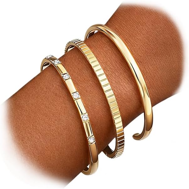 Gold Bangle Bracelets for Women, 14k Gold Plated Friendship Love Stackable Bangles Set, Trendy Open Cuff Bracelet Stack Dainty Dupe Summer Beach Jewelry