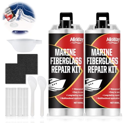 AllisWay Kit de Reparación de Fibra de Vidrio Blanco, Resina de Fibra de Vidrio, Kit de Reparación de Capa de Gel Marino, Adecuado para Barco, Moto Acuática, Yate, Tabla de Surf, Impermeable, 50 ml×2