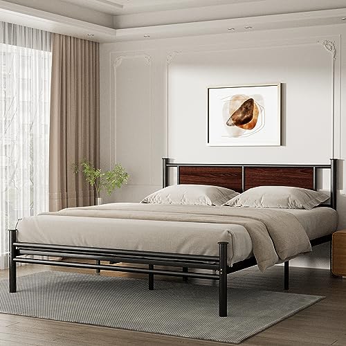 Haoara Queen Size Bed Frame With Rustic Wood Headboard, Metal Heavy Duty Platform Frame, Sturdy Steel Slat Support, No Box Spring Needed, Black #TOP2