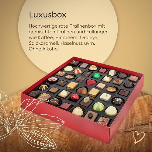 ePralinchen ePralinchen rote Luxusbox handverarbeitete belgische Luxus-Pralinen | hochwertige Box mit 600g Pralinen in Kaffee, Himbeere, Orange, Salzkaramell, Haselnuss uvm. | köstliche Schokolade made in Belgium - Detailansicht 2 | Belgische Pralinen