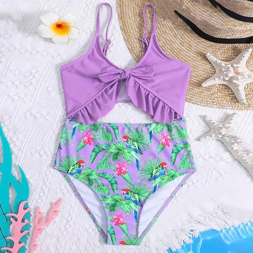 Girls One Piece Swimsuits Cut Out Monokini Ruffle Trim Tropical Floral Print Spaghetti Strap Beachwear Girls Swimwear2