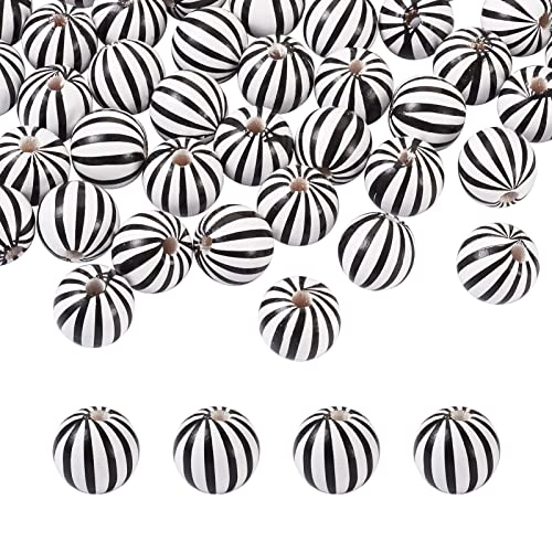 PH PandaHall 50pcs Farmhouse Wooden Beads, 16mm, Round, White & Black Stripe, DIY Craft Beads for Garlands & Jewelry
