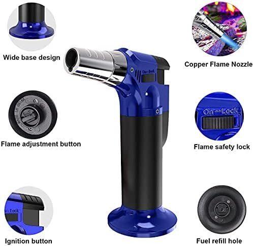2 Pack Butane Torch Lighter, XWFEU Blow Torch Refillable Kitchen Torch with Safety Lock Adjustable Flame Cooking Torch for Desserts Creme Brulee BBQ Baking (Butane Gas Not Included) (Silver Blue)