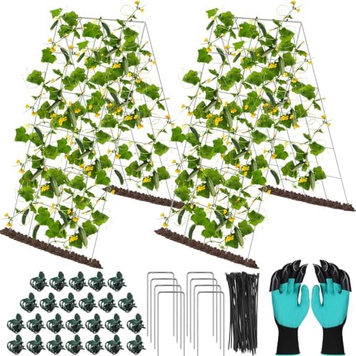 Yaocom Foldable Cucumber Trellis for Raised Bed, 35" x 18", A Frame Garden Trellis for Climbing Plants, Vegetables, Tomato, Pea, Grape, Metal Cattle Panel Trellis with Gloves (2 Pack)