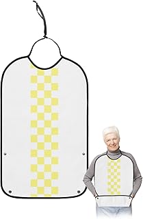 QueenKer Funny Adult Bibs for Eating, Minimalist Yellow Buffalo Check Plaid Farmhouse Farm Theme Waterproof Clothing Protector Washable Adult Bib with Crumb Catcher for Men Women Elderl and Seniors