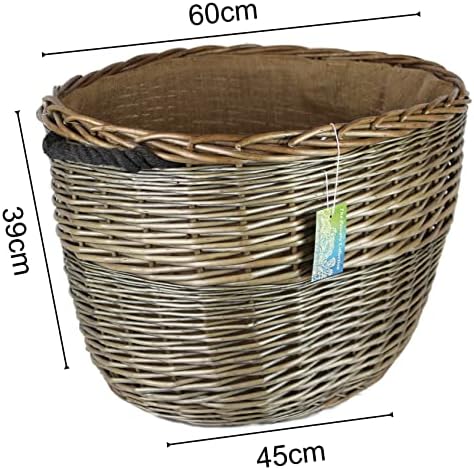 Oval Grey & Antiqued Wicker log baskets. Hessian lined. Wood & kindling storage for home hearths and fireplace. Large wood burner bin (Rope Handle, 60 cm)