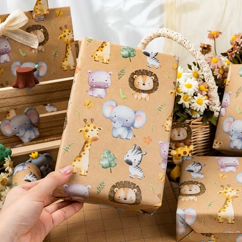 Wikadlik Geschenkpapier aus Kraftpapier, 43 cm x 10 m, fröhliches Tiermotiv, Geschenkpapier mit Gitter-Schnittlinien für Geburtstag, Urlaub, Party
