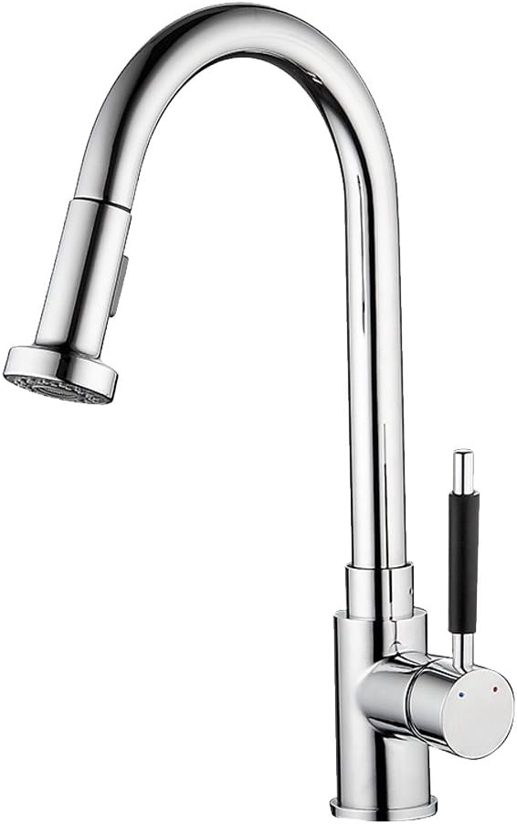 Single Handle Pull Out Kitchen Sink Faucet Commercial Pull Down Pre Rinse Kitchen Mixer Tap 360 Degree Swivel Spout Polished Chrome Finish Black Handle
