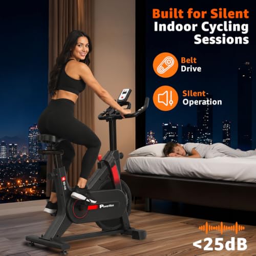 Image of PowerMax Fitness BS-128 Spin Exercise Bike for Home Use | 7KG Flywheel | Belt Drive System | Friction Resistance | LCD Display | Anti-Slip Pedals | Adjustable Seat & Handlebar