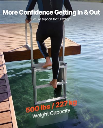 Image of VEVOR Retractable Dock Ladder, 4 Steps, Aluminum Alloy Pontoon Boat Swim Ladder with Auto-Lift Float, Non-Slip Wide Steps, 500 lbs Weight Capacity, Adjustable Height, for Lake Pool Marine Boarding