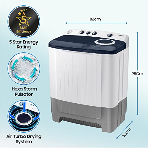 Image of Samsung 8 Kg Semi-Automatic 5 Star Top Load Washing Machine Appliance (WT80R4200LG /TL, Light Grey, Royal Blue Lid (Transparent), Hexa Storm Pulsator)