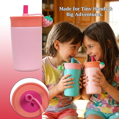 Image of LHOTSE Kids Sipper Bottle for Toddlers with Straw Lid, BPA Free Leak Resistant Training Cup, Easy Grip Design Cute Strwberry Cap for School Travel (Light Pink , 350 ml)