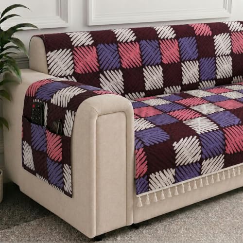 Image of STITCHNEST 'Frostvine Collection' 1 Seater Sofa Cover | Full Coverage with Armrest Pockets | Cotton Quilted Fabric, Decorative Tassels, Washable & Durable for Modern Living