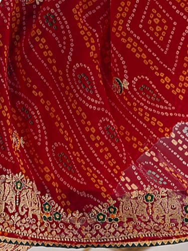 Image of Satrani Women's Georgette Bandhani Printed Embroidered gota lace Saree with Unstitched Blouse Piece