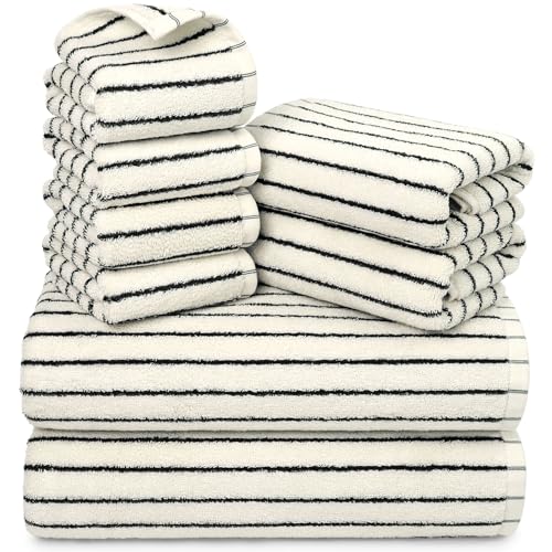 Jacquotha 8 Piece Black and Ivory Towel Set Super Soft & Absorbent Cotton Striped Towels for Bathroom Decor 2 Bath 2 Hand 4 Washcloths