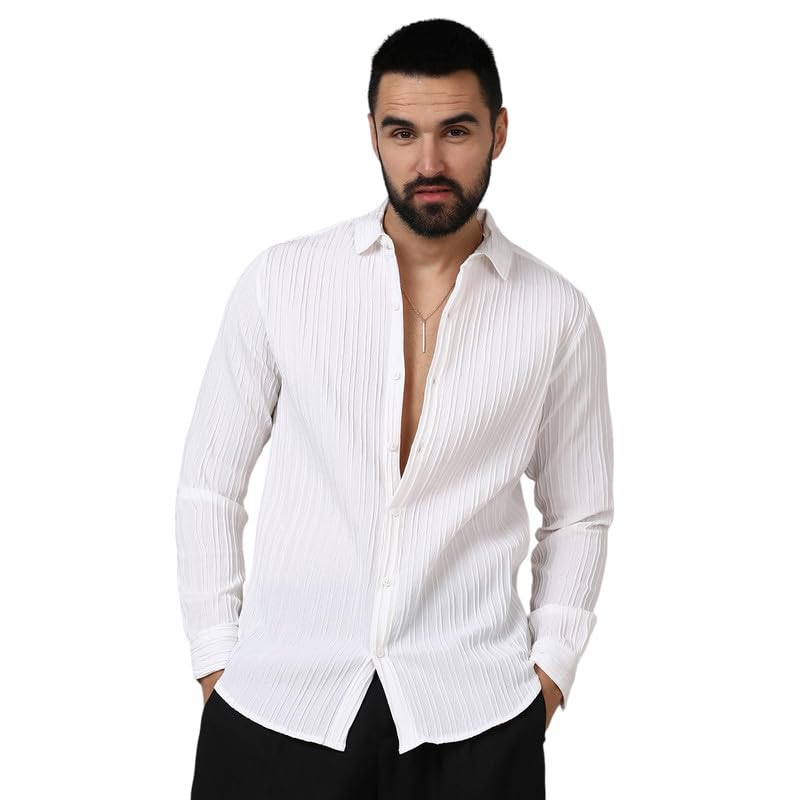 Image of CAHOOT Men's Self-Design Striped Shirt for Casual Wear | Spread Collar | Long Sleeve | Button Closure | Shirt Crafted with Comfort Fit for Everyday Wear