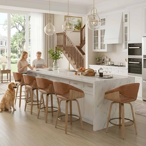 Image of HNY 26'' Modern Barrel Swivel Counter Stools Counter Height Swivel Bar Stools with Backs Set of 6, Brown Faux Leather Bar Height stools, Farmhouse Solid Wood Barstools for Kitchen Island, Home Bar