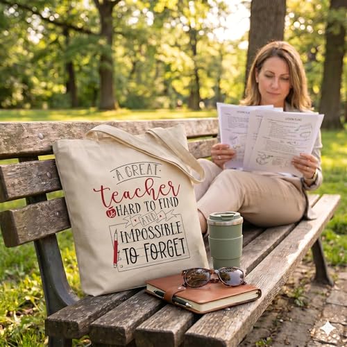 Image of CARAKNOTS Teacher Appreciation Gifts, Ivory Teacher Tote Bag | Cotton Canvas Teacher Tote with Pocket, Work Bag for Women, End of Year, Retirement, Christmas and Farewell Gifts