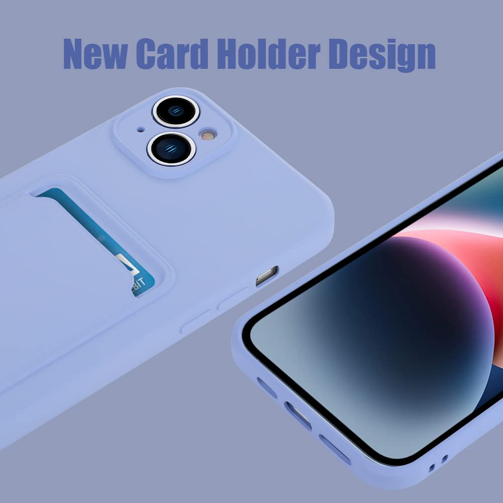 MZELQ TPU Wallet iPhone 14 Case, Card Holder Camera Protection Cover + Screen Protector, Push-able Card Slot Case Compatible with iPhone 14 Phone Case Girls Women -Purple