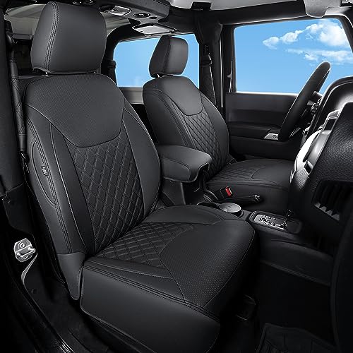 Image of GIANT PANDA Front Jeep Wrangler 2 /4 Door JK 2013-2017 Car Seat Covers for Sahara Sport Rubicon Unlimited Altitude, Customized Faux Leather - (Black)
