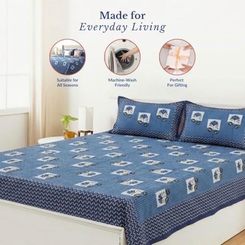 Image of Jaipur Weaves Jaipuri Double Bed Cotton Bedsheet Queen Size 90x85, 120 TC 100% Pure Cotton Bed Sheet with 2 Pillow Covers, Floral Traditional Print (Floral Blue, Double)