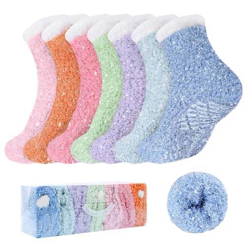 Image of Bulinlulu Fuzzy Socks with Grips Plush Sleep Cozy Winter Soft Hospital Fluffy Socks for Womens Mens Gifts