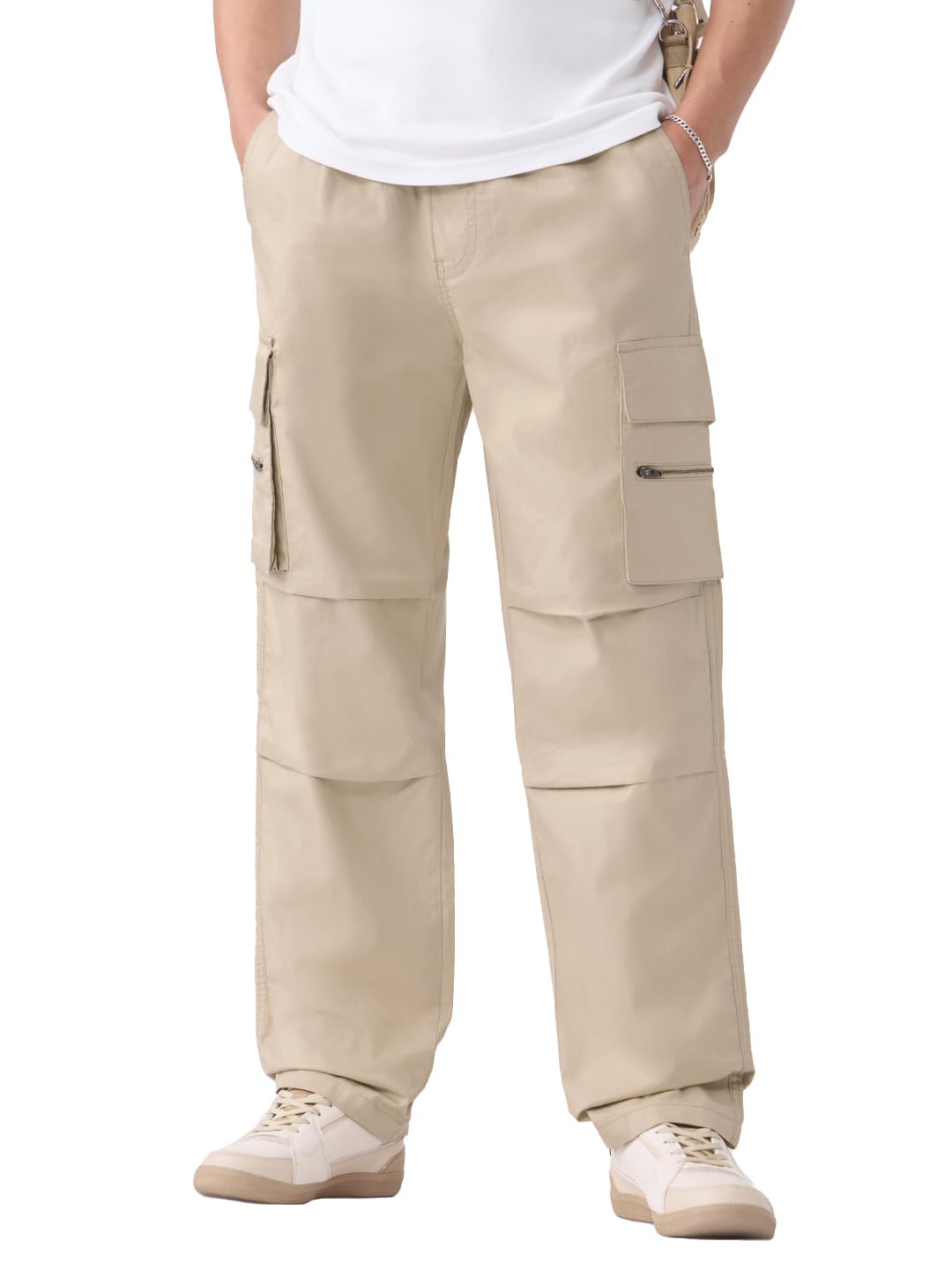 The Souled Store Combat Moss Men and Boys Buttoned Waistband Solid Cotton Multi-Pocket Durable Utility Japanese Fit Cotton Cargo Parachute Pants