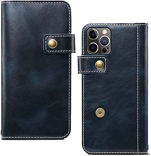 Étui cuir iPhone 14 Pro Max bleu anti-chute avec support et bouton aimanté