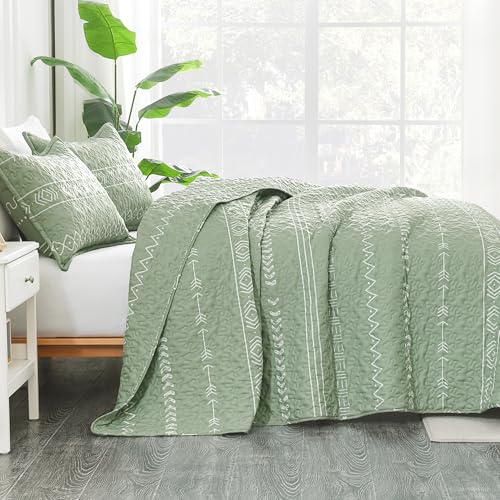 Image of Andency Sage Green Quilts Queen Size, 3 Pieces Queen Quilt Bedding Set Boho Lightweight Soft Striped Bedspread for All Season (90 inchx96 inch), Printed Bohemian Polyester Reversible Coverlet Comoforter Sets