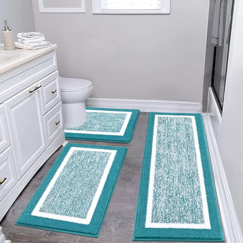 Pauwer Bathroom Rugs Sets 3 Piece Bathroom Shower Rugs with U-Shaped Contour Toilet Mat Absorbent Microfiber Plush Bath Mats Non Slip Bath Rugs Machine Washable Shaggy Bathroom Floor Mats, Aqua Blue