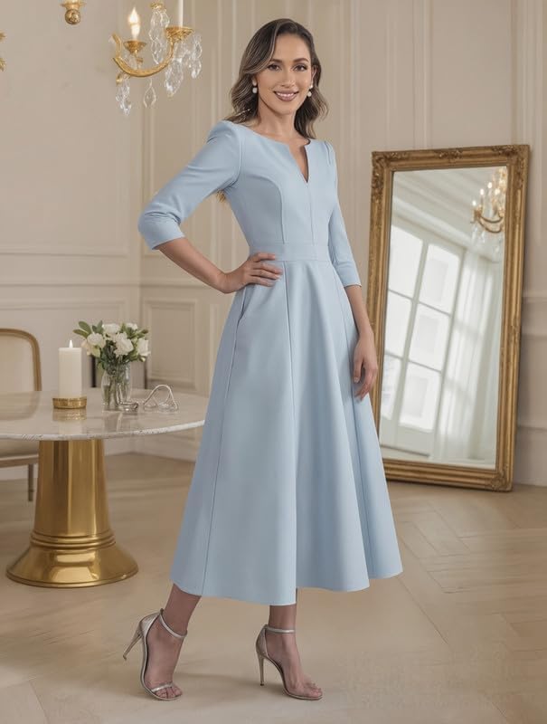Tea Length Mother of The Bride Dresses with Long Sleeves Satin Formal Evening Dress with Pockets - Image 4