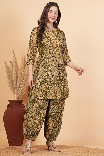 Image of rytras Women Woman Pure Cotton Printed A-Line Kurta Sets with Palazzos|Kurti Set for Woman|Cord Set for Women Cotton