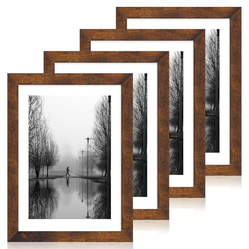 Image of iRahmen 10x14 Picture Frame Set of 4 with Tempered Glass, Rustic Frame Display 8x12 Pictures with Mat or 10 x 14 Without Mat, Wooden Photo Frames for Wall Mounting