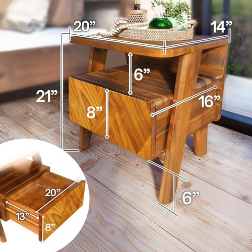Image of Rum Nightstand with Drawers, Solid Acacia Wood Bedside Table with Drawer & Open Shelf, Handcrafted Wood Grain End Table, Scratch & Water-Resistant, Durable & Easy Assembly (Caramel, Rum)
