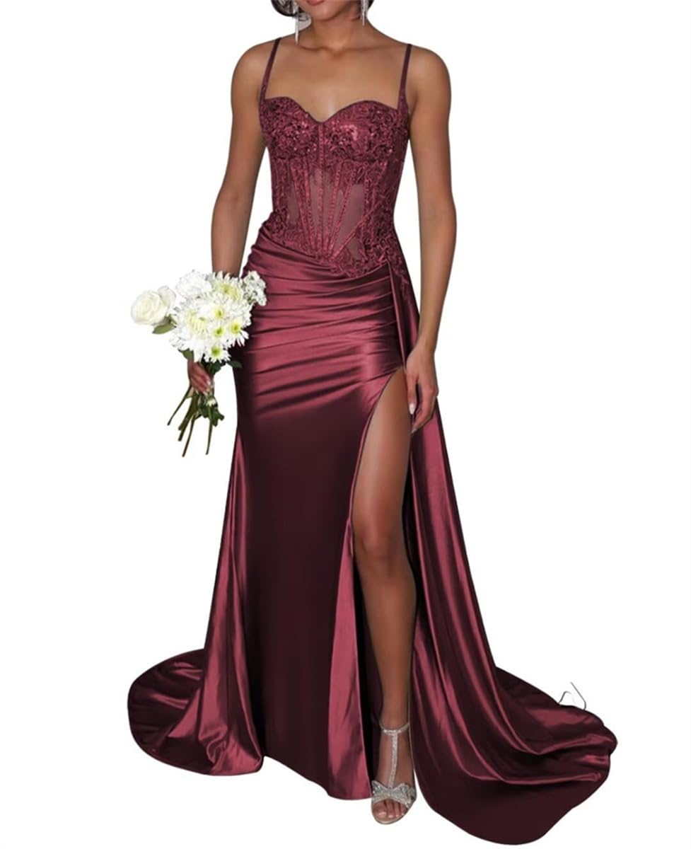 Women's Satin Bridesmaid Dresses for Wedding with Slit Mermaid Princess Ball Gowns Backless Plus Size HLSA196 Burgundy UK6