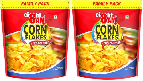 Image of 8AM Corn Flakes Family Pack 1kg, 92% Corn, 99% Fat Free, No Cholesterol, Trans Fat, Vitamin B3 & Iron, Crunchy & Nutritious Whole Grain Breakfast Cereal (Pack of 2)