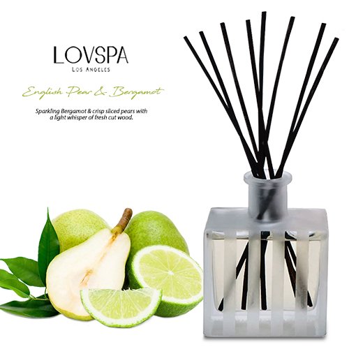 LOVSPA English Pear & Bergamot Reed Diffuser and Scented Sticks Set - Sparkling Bergamot, Crisp Pears with a Light Scent of Fresh Cut Wood - Modern Scent Diffuser for Large Rooms - Made in The USA