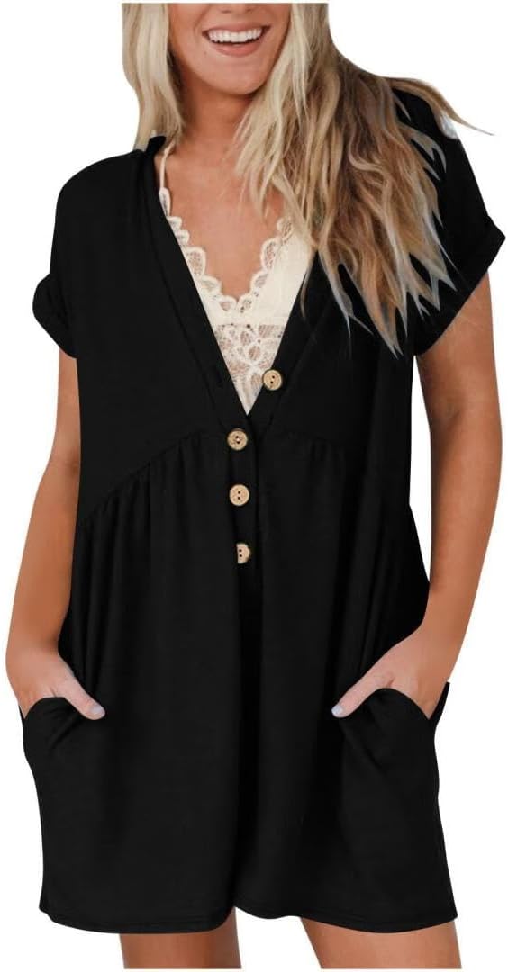 Womens 2025 Summer Short Sleeve Romper Casual V Neck Wide Leg Short Jumpsuit Button Rompers Outfit With Pockets