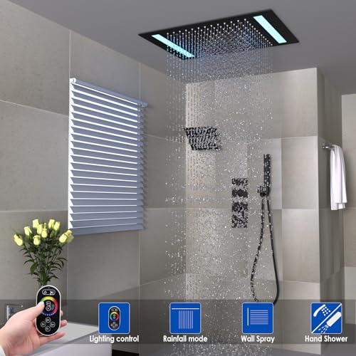 Matte Black Shower Faucet Set 20x14in LED Rainfall Dual Showerhead Thermostatic Shower System with 6-Inch Tilt Shower & 2-in-1 Handheld, Can Run Together — view 2