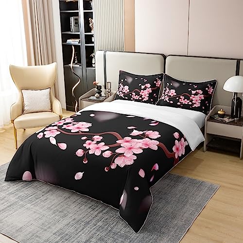 Loussiesd Cherry Blossoms 100% Cotton Duvet Cover King Size Japanese Style Bedding Cotton Duvet Cover Set Decor Sakura Flower Comforter Cover Set Floral Botanical Pink Black Bedspread Cover - Image 2