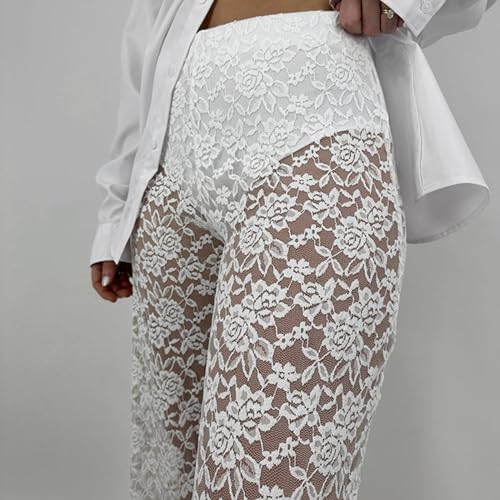 Women's Sexy See Through Lace Pants Transparent Sheer Mesh Straight Leg Pants Hollow Out Slim Trousers Cover Up2