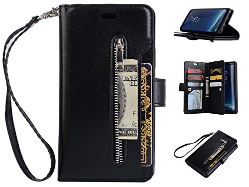 iPhone 7 Plus Wallet Case, iPhone 8 Plus,Premium PU Leather Handbag Case with Hand Strap, with Credit Card Holders Cover,Wallet Case for Girls Women Men, Retro Vintage Cover Case - Black