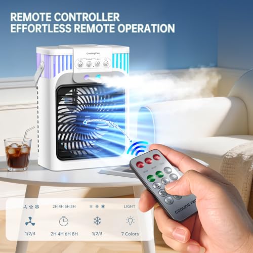 Portable Air Conditioners, 4 in 1 Cooling Fan with 3 Speeds & 3 Mist Modes,1200ml Water Tank, 2-8H Timer, Remote Control, 7 Color Night Light, Quiet Small Air Cooler for Bedrooms Office Car — view 4