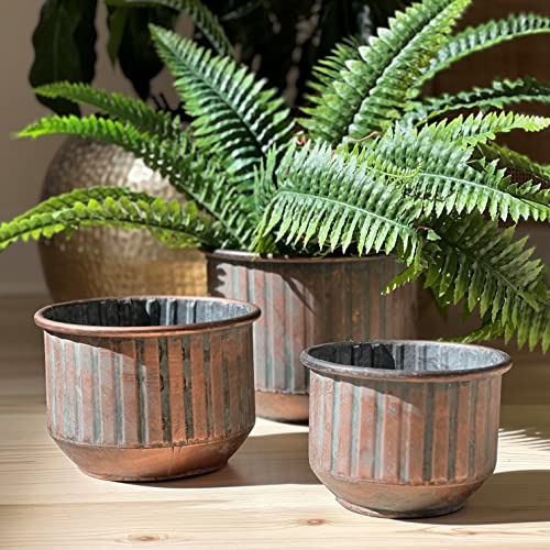 Whw Whole House Worlds Boho Gibson Round Planters, Set Of 3, Corrugated Bellies, Copper Finished Metal, Vintage Garden Patina, 8.25, 7.75, And 6.25 Inches, Cache Pots #TOP3