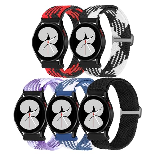 5 Packs Sport Nylon Solo Loop Bands Compatible With Samsung Galaxy Watch 5 Pro band 45mm/Galaxy Watch 5 & 4 40mm 44mm/Galaxy Watch 4 Classic 42mm 46mm,20mm Adjustable Braided Wristband for Women Men