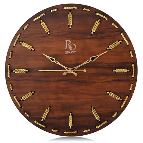 Image of Wooden Round Shape Wall Clock with Golden Hands & Golden Zari Rope Detailing | Handcrafted Silent Quartz Movement Anti Reflection Analog Vintage Clock for Home, Office (Brown, 15.5 Inch)
