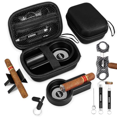 Multifunctional 5-in-1 Cigar Accessories Kit - V Cutter, Draw Enhancer, Ashtray, Holder, Punch - With Accessory Bag for Smoking, Travel, Outdoor - Gifts for Men
