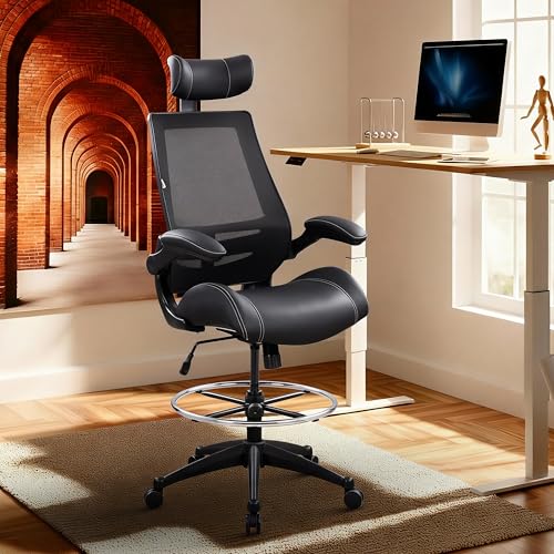 Image of BOLISS Tall Ergonomic Office Chair, Sustainable Tech-Leather Drafting Chair with Adjustable Foot Ring, 90 Flip-Up Arms Space Saving Mesh Computer Desk Chair for Standing Desk Executive Work 8+ Hours