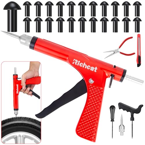 Image of Richcat Tubeless Tire Puncture Repair Kit with Mushroom Plug, Repairs punctures and Flat Tires for Motorcycles, Cars, Trucks, ATVs,Gun Puncture Repair Kit